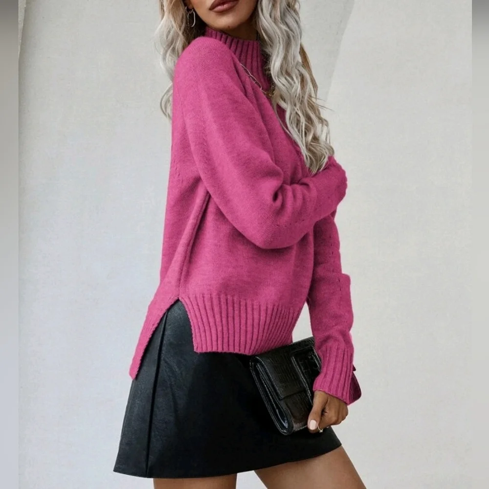 New Ribbed High Low Mock Neck Knit Sweater Top Bright Pink - Picture 2 of 9